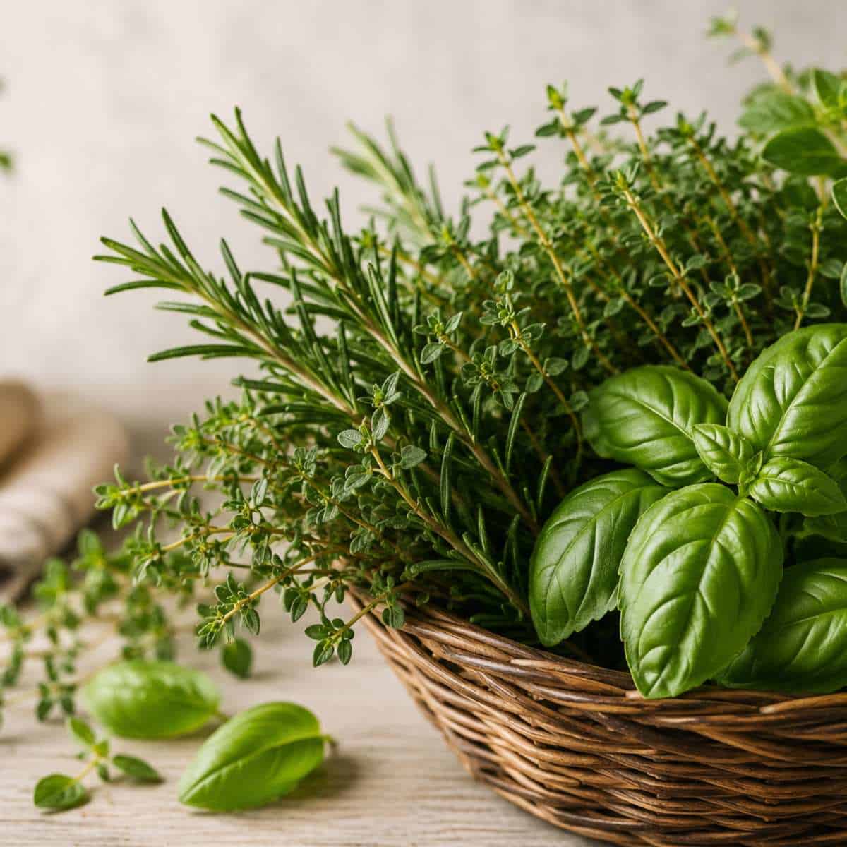 A wicker basket with fresh hersb.