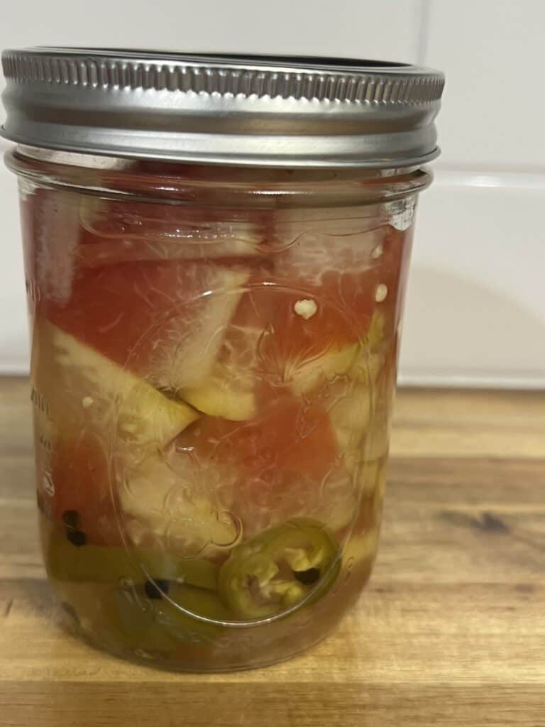 A jar of pickled watermelon rind made by Days Well Spent.