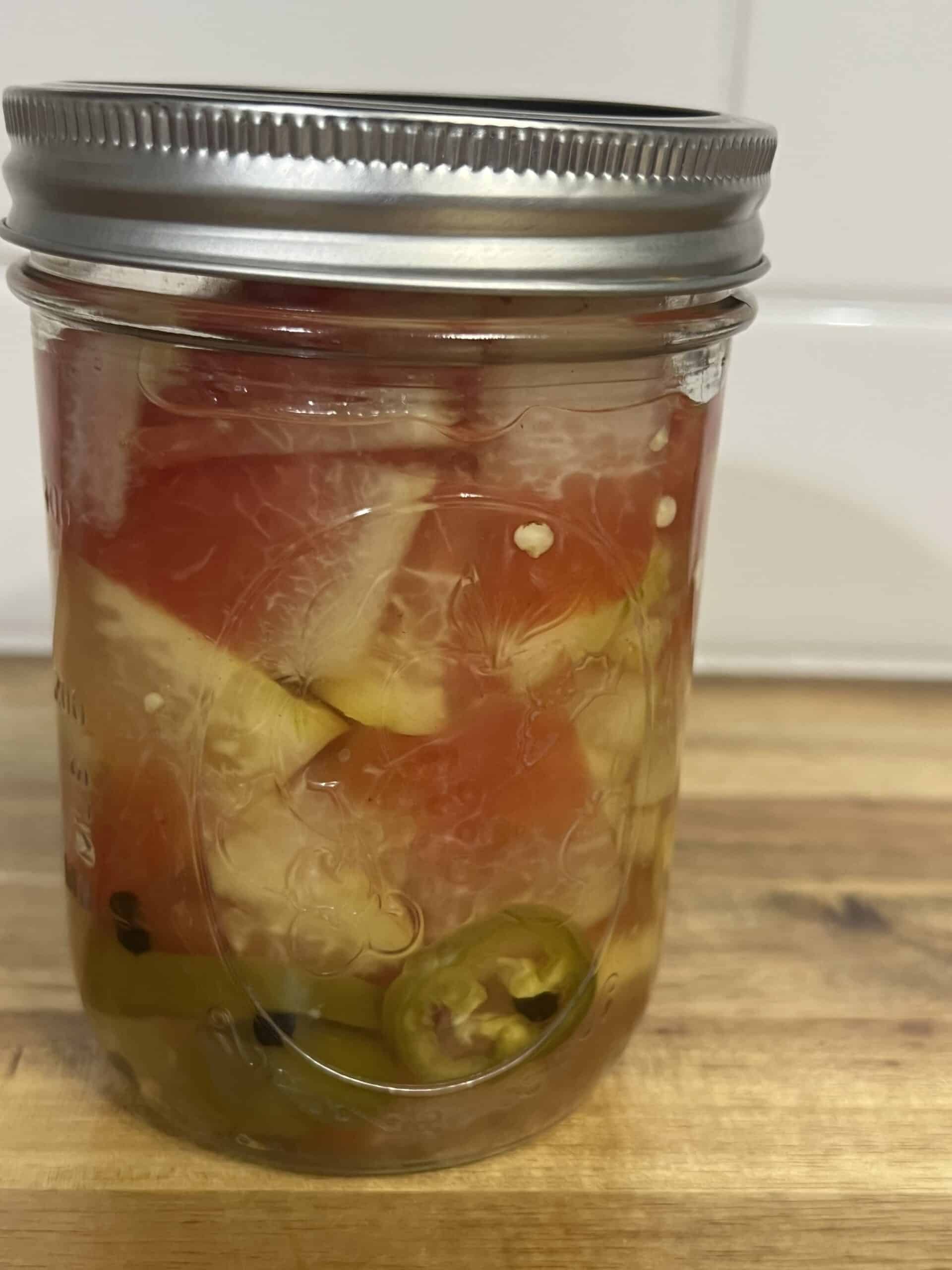 A jar of pickled watermelon rind made by Days Well Spent.